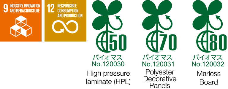 Biomassmark No,120030 High pressure laminate (HPL), No,120031 Polyester Decorative Panels, No,120032 Marless Board SDGs icon 9 Industry, Innovation and Infrastructure, 12 Responsible Consumption and Production